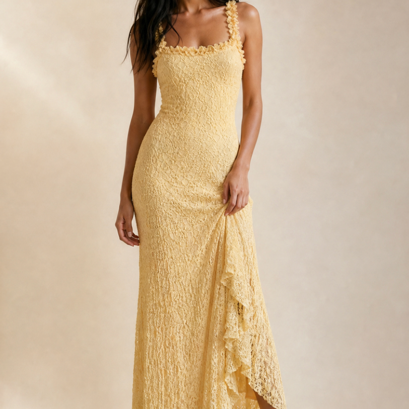 Lottie Crinkle Ruffle Trim Maxi Dress