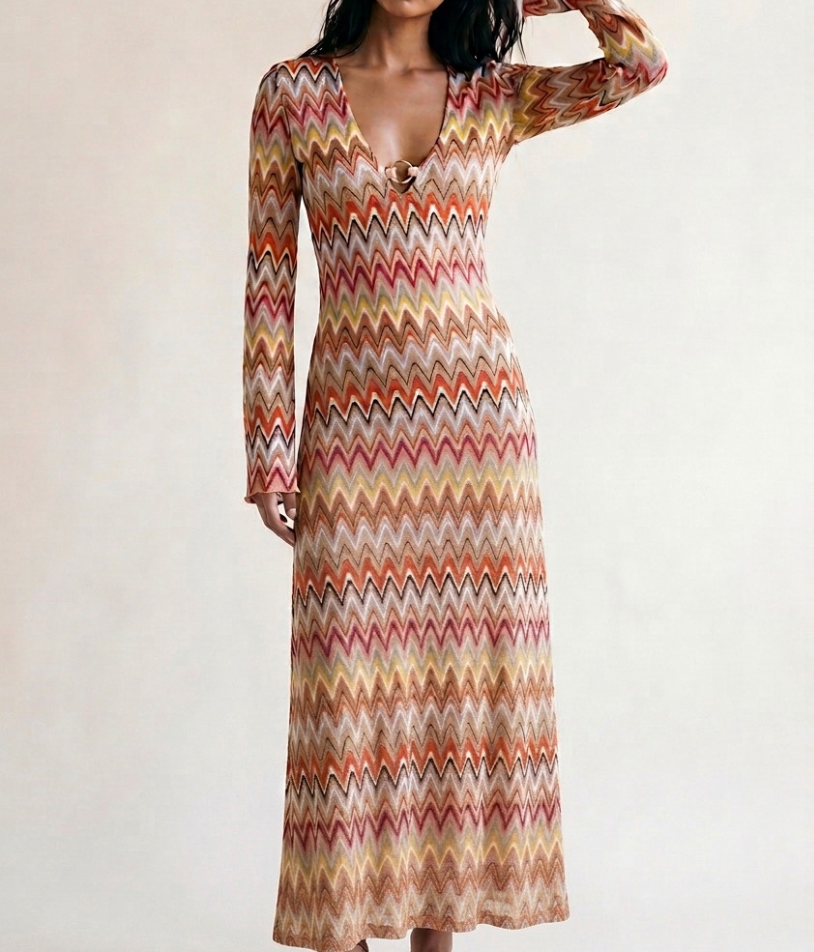 Zig Zag Ring Plunge Neck Maxi Dress