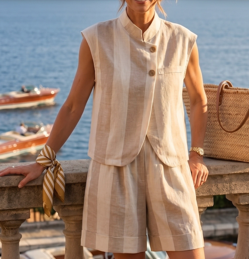 Asymmetric Striped Waistcoat & Shorts Set