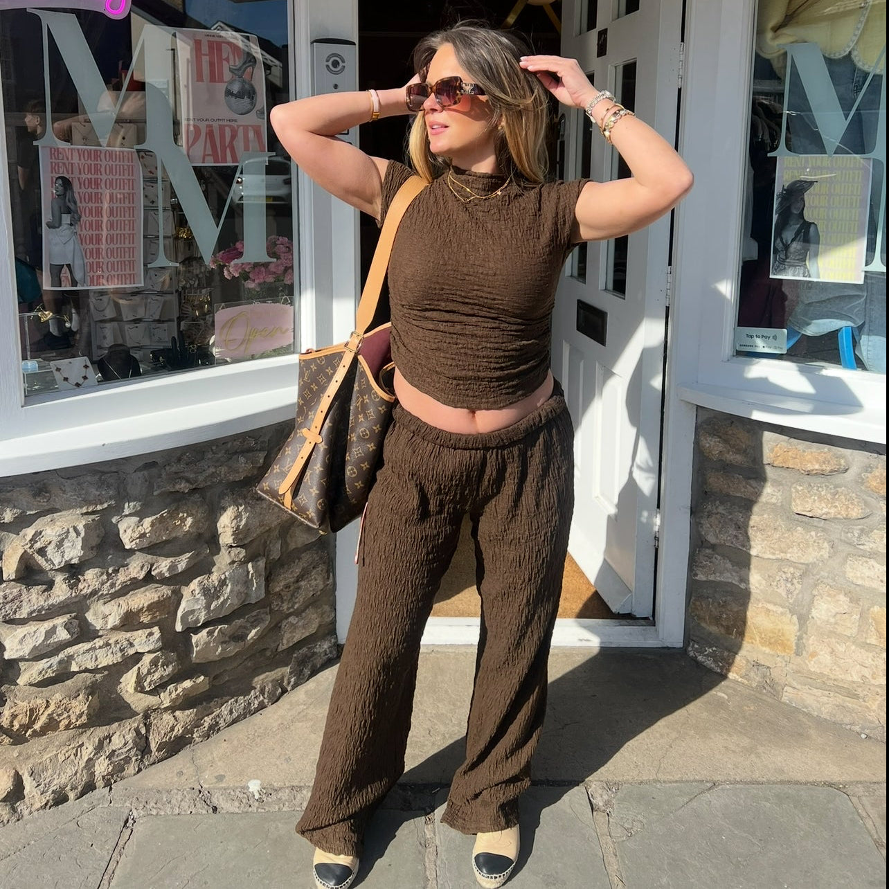 Textured Ruched Side Top & Trouser Set