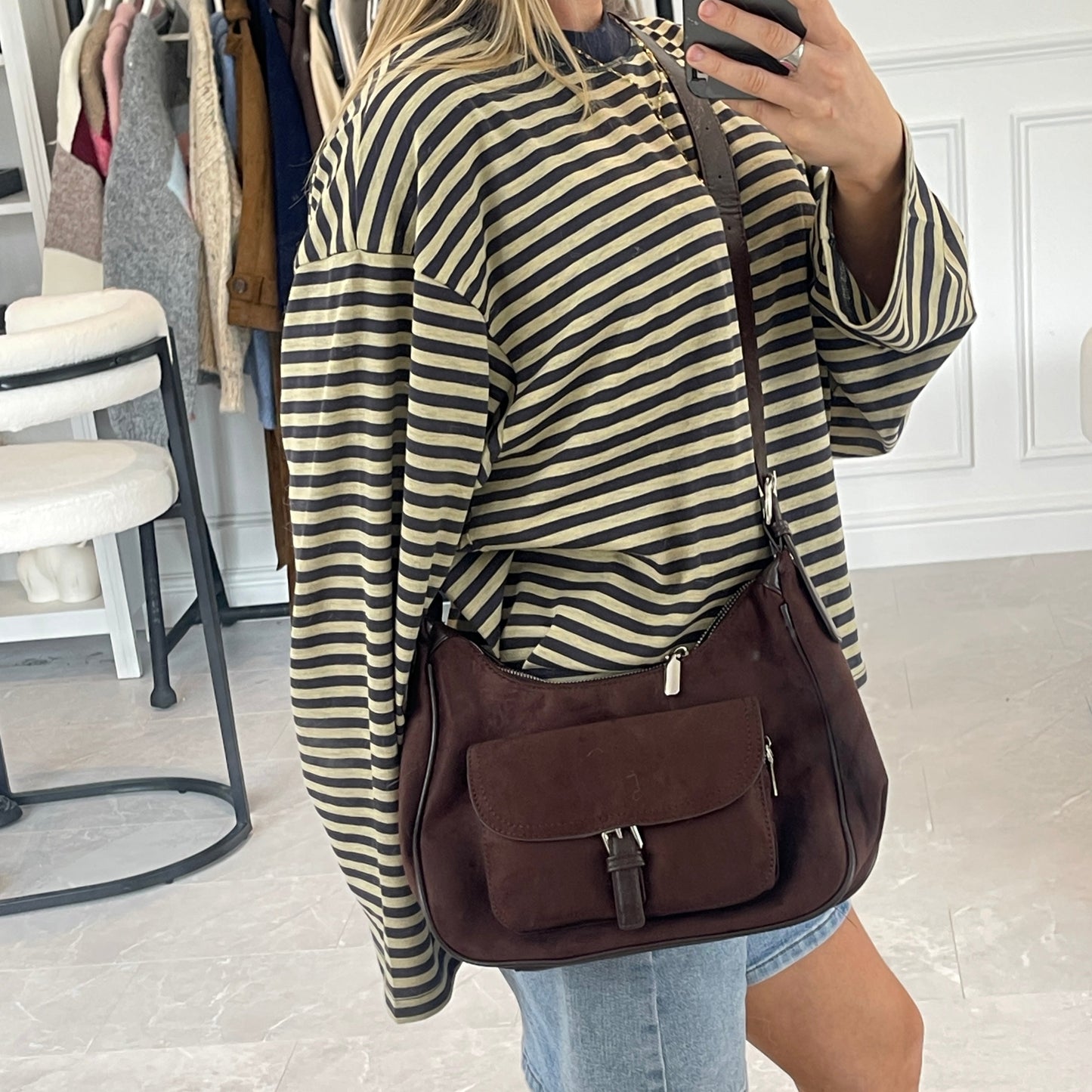 Faux Suede Pocket Shoulder Bag