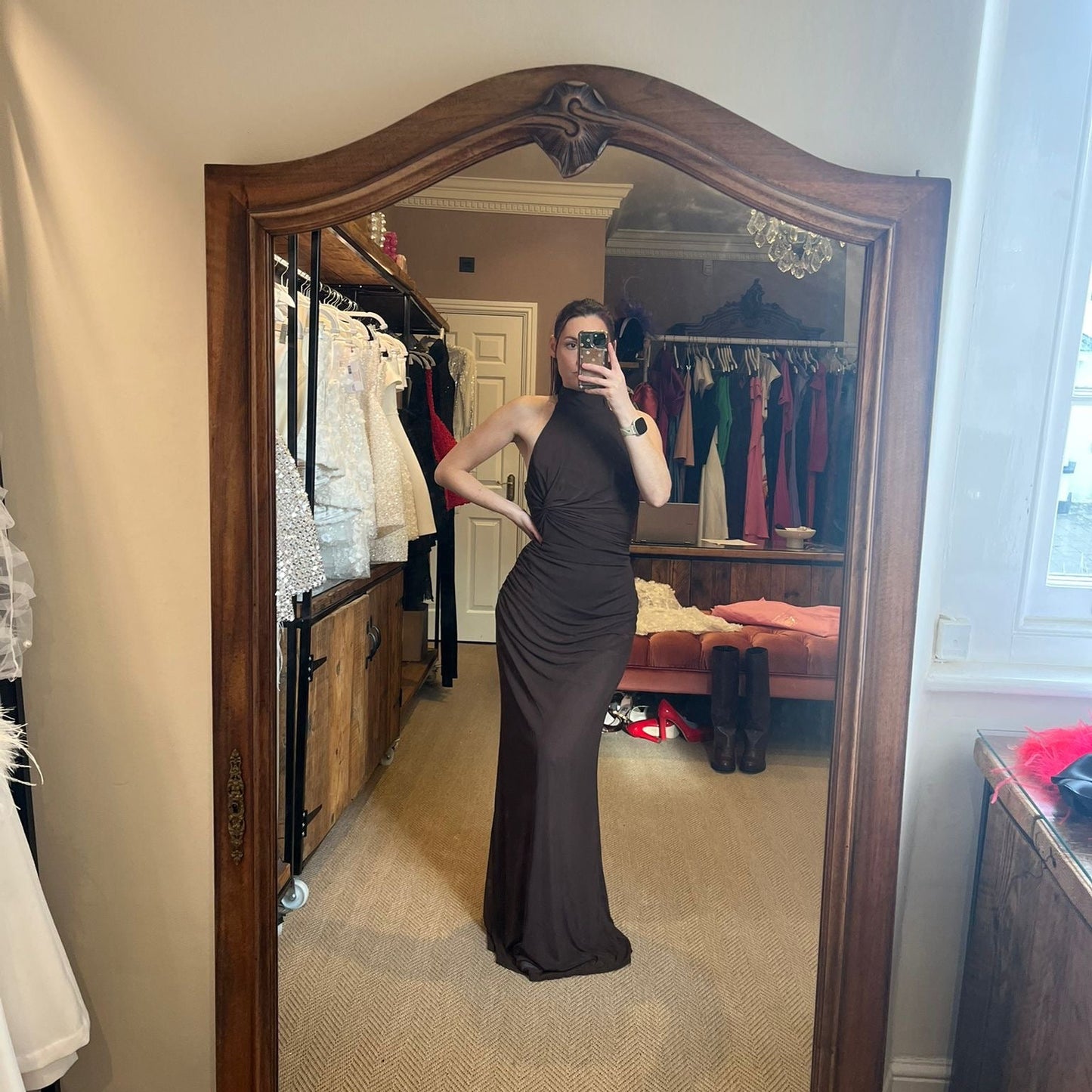 Lia Ruched Halter Neck Maxi Dress