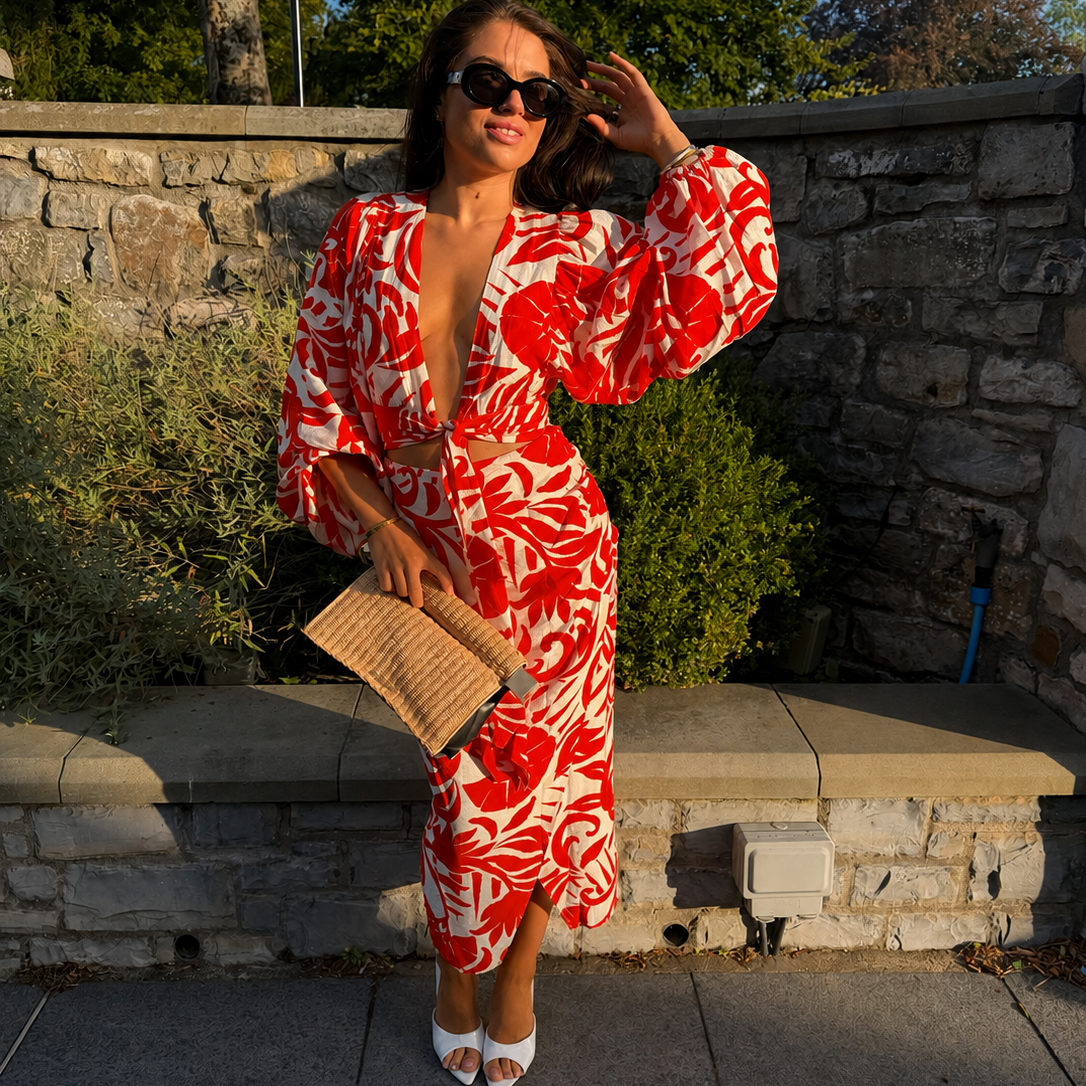 Lorna Leaf Print Top & Skirt Set