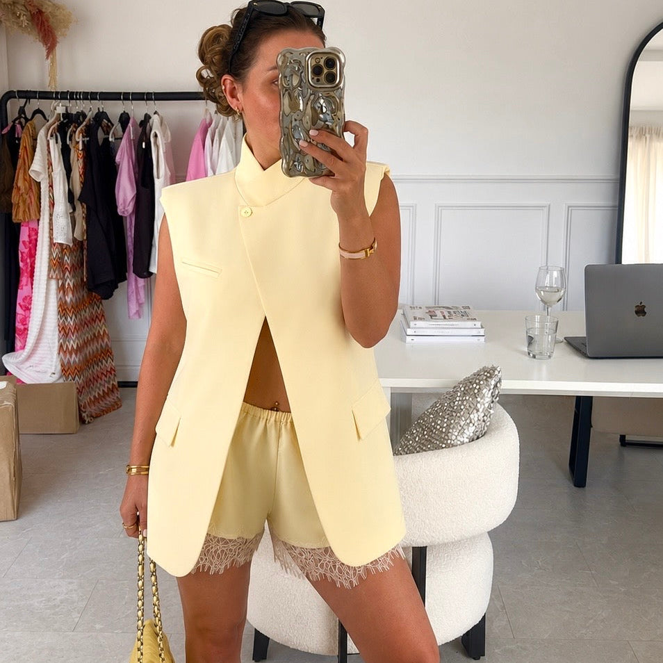 Annie Asymmetric Wrap Sleeveless Blazer