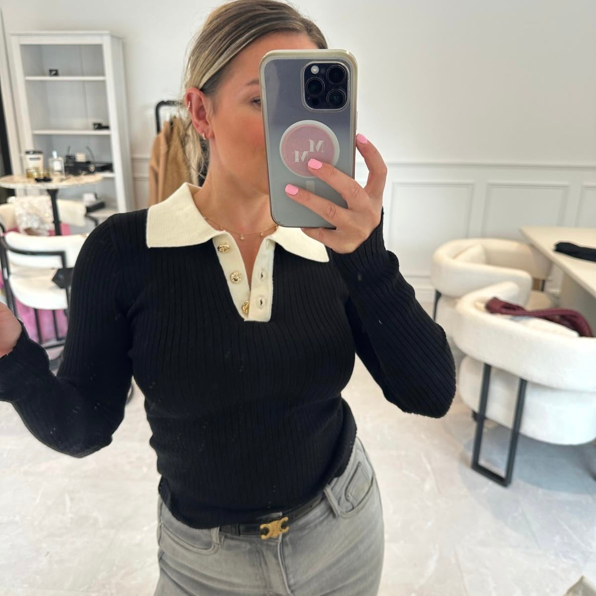 Fabia Fine Knit Contrast Collar Top