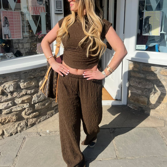 Textured Ruched Side Top & Trouser Set