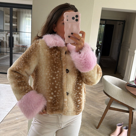 Dappled Deer Print Faux Fur Jacket