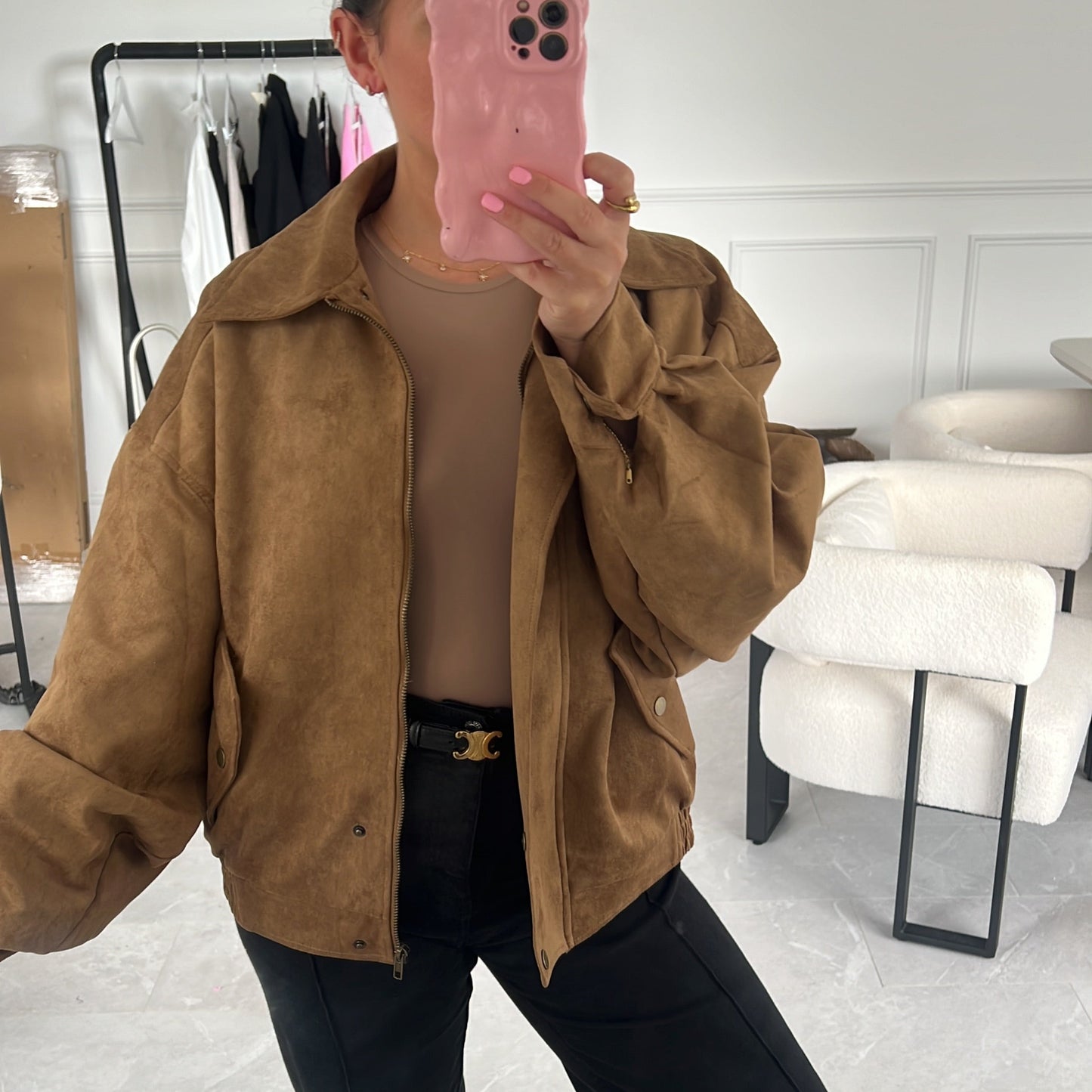 Fern Faux Suede Bomber Jacket