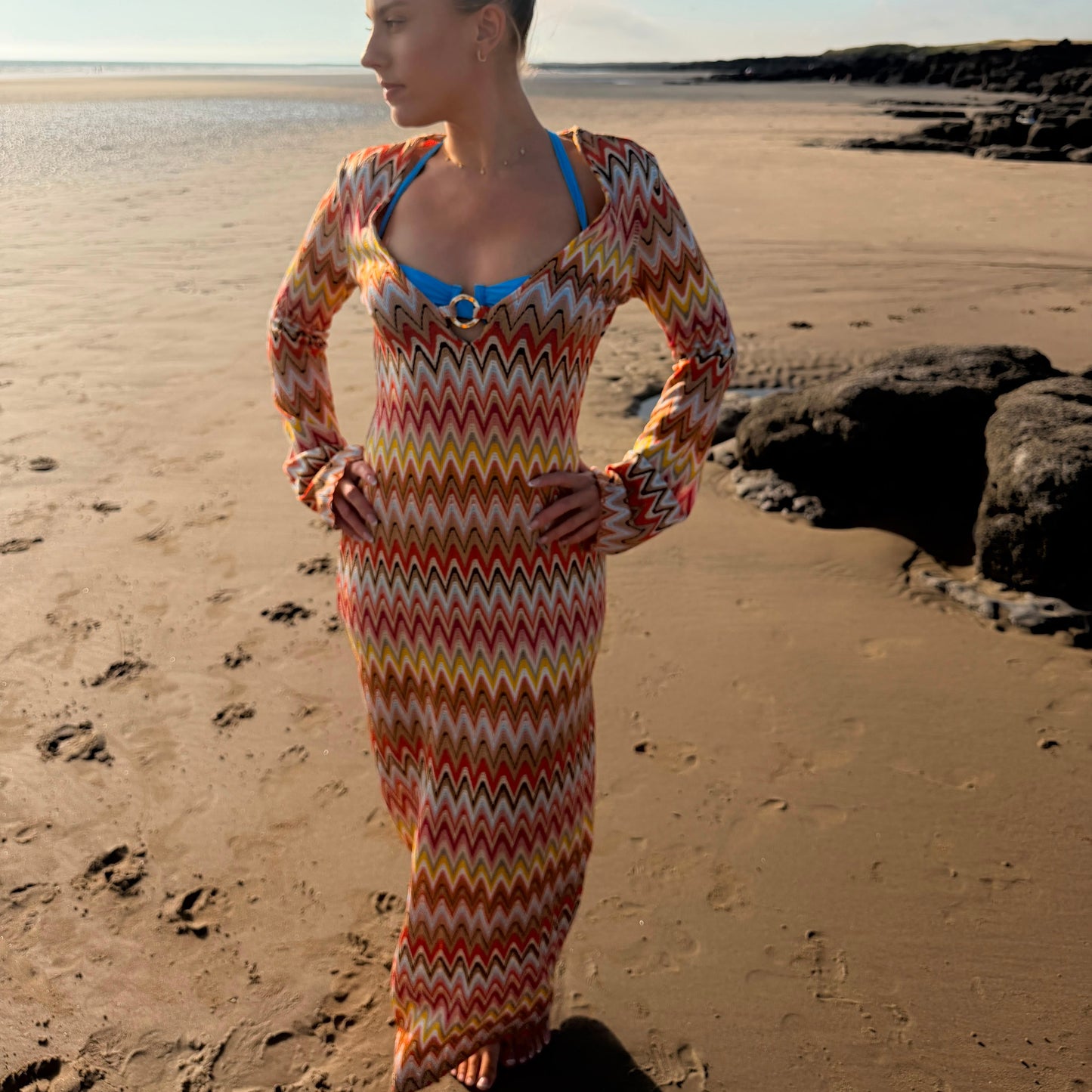 Zig Zag Ring Plunge Neck Maxi Dress