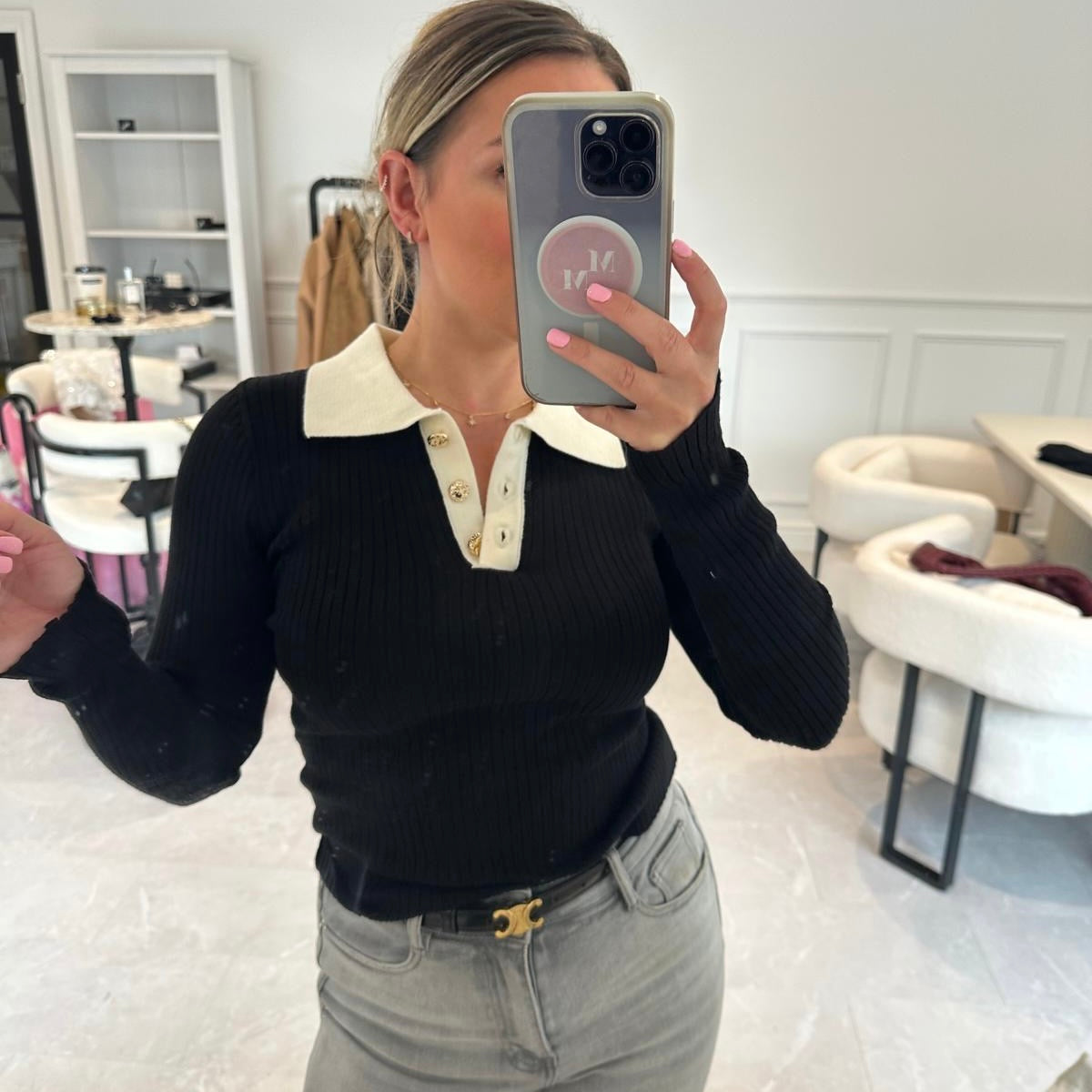 Fabia Fine Knit Contrast Collar Top