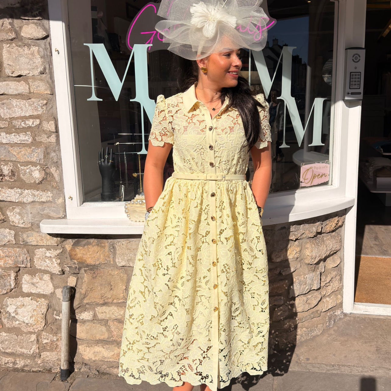 RENT Self Portrait Yellow Lace Collared Midi Dress Belt