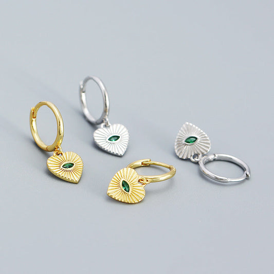 Evil Eye Emerald Heart Huggie Earrings