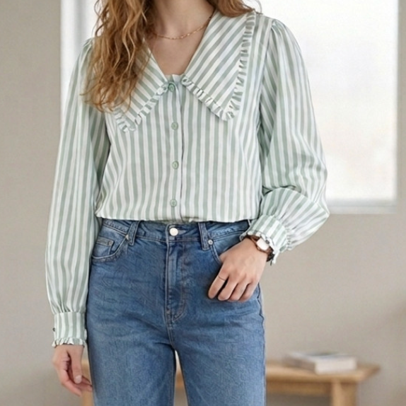 Arla Striped Pointed Collar Blouse