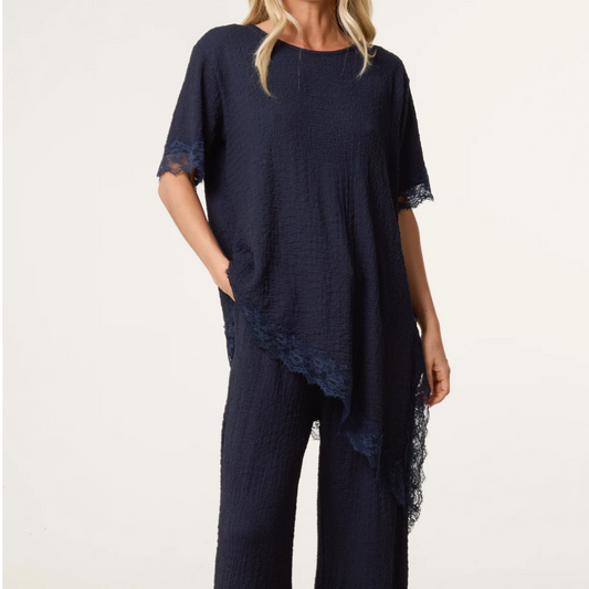 Asymmetric Lace Hem Top & Trousers Set