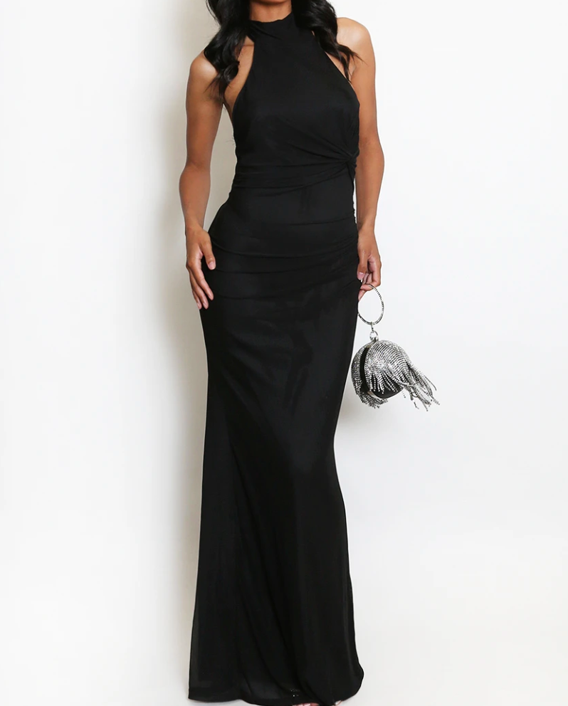 Rachel Ruched Halter Neck Maxi Dress
