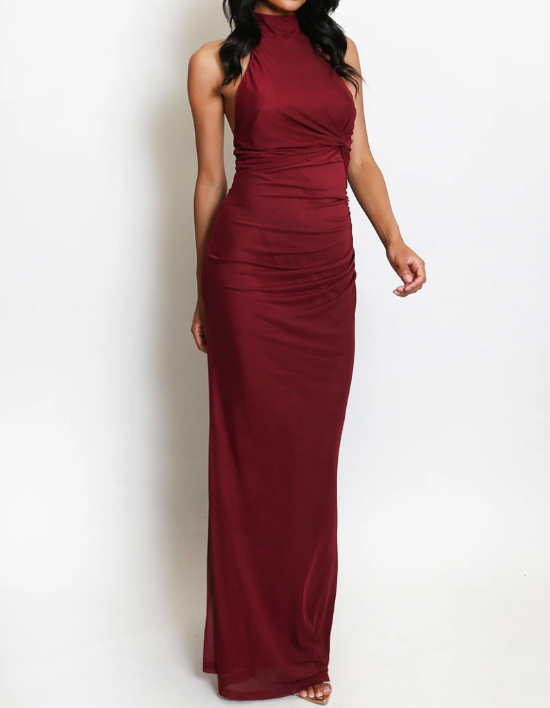 Rachel Ruched Halter Neck Maxi Dress